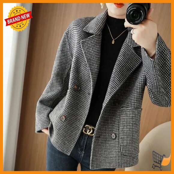 Cropped Wool Pea Coat Double Breasted Houndstooth Blazer Jacket - Picture 6 of 6